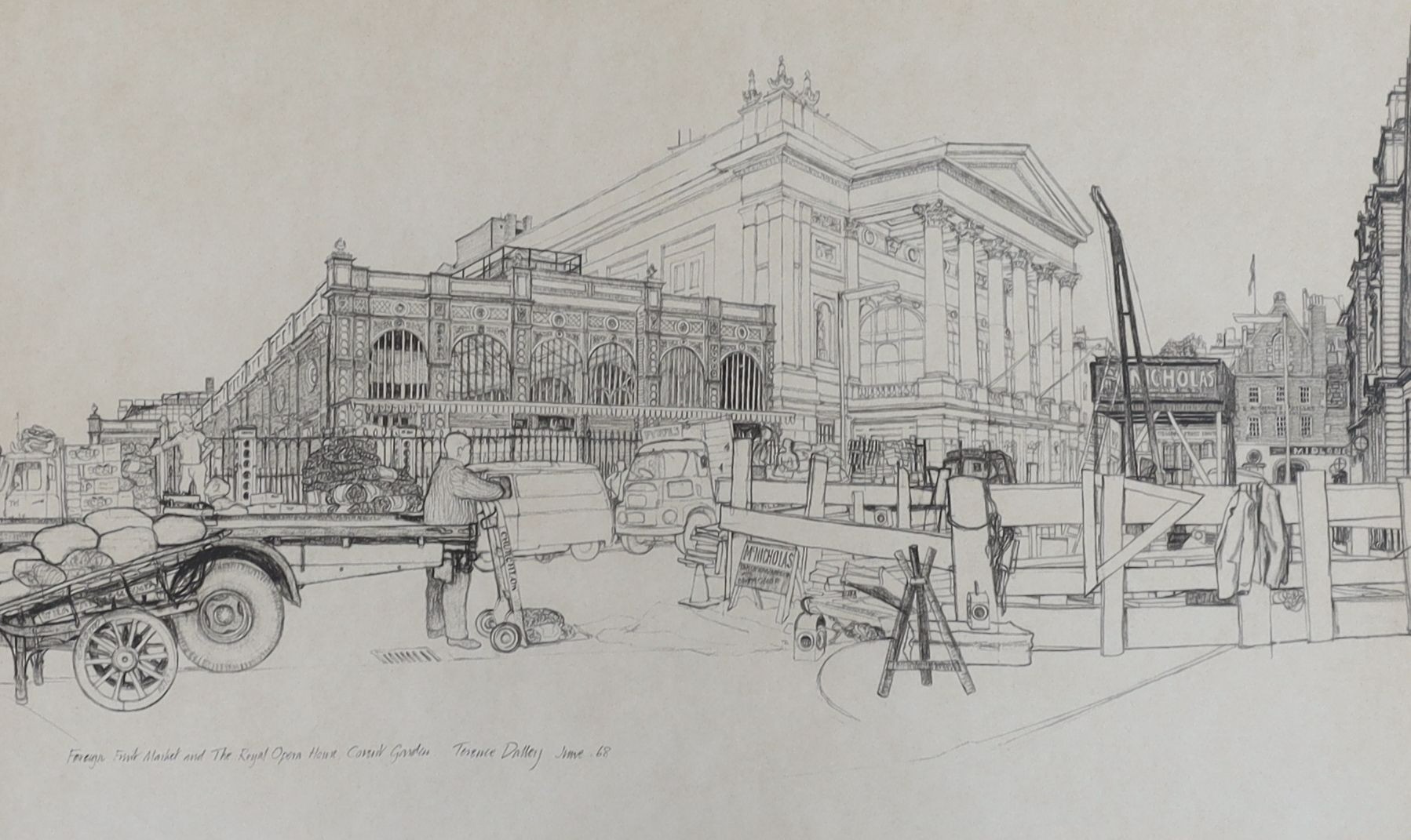 Terence Dalley (1935-), monochrome print, Foreign fruit market and The Royal Opera House, Covent Garden, signed and dated June '68, 24 x 39cm